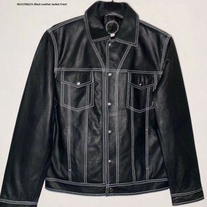 Men's Black Leather Jacket with White Contrast Thread